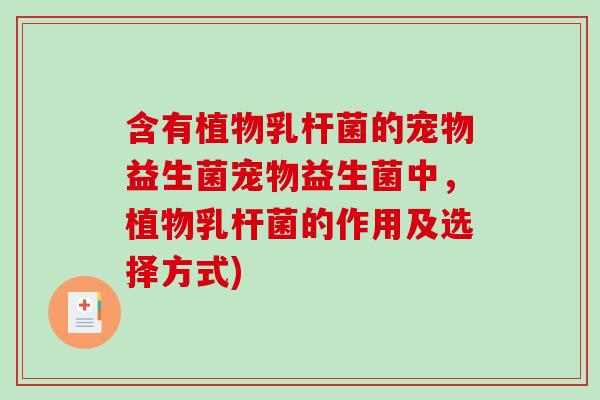 含有植物乳杆菌的宠物益生菌宠物益生菌中，植物乳杆菌的作用及选择方式)