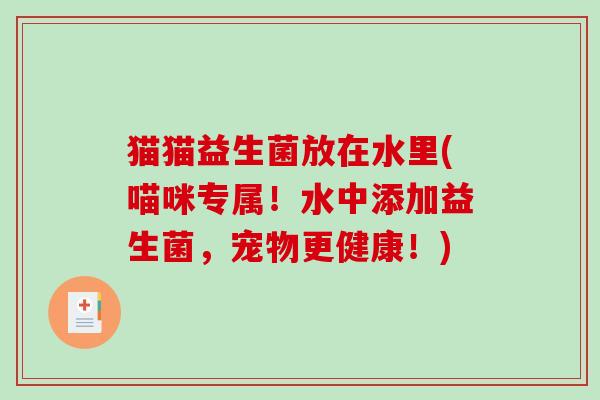 猫猫益生菌放在水里(喵咪专属！水中添加益生菌，宠物更健康！)